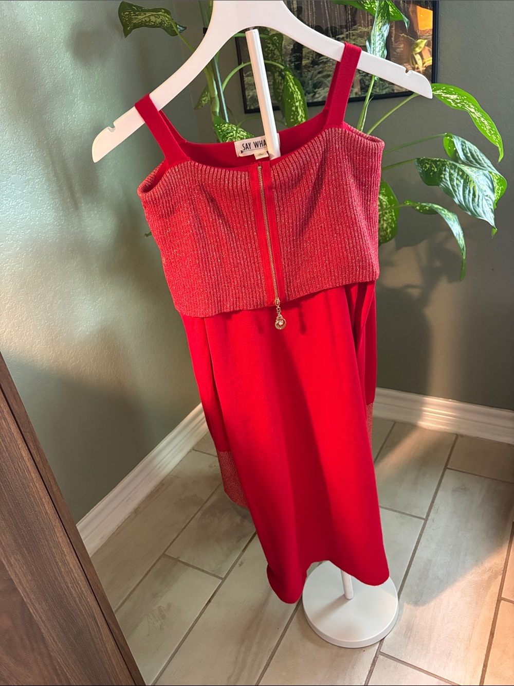 Say What? Red Ribbed Bodice Midi sweater Dress with Zip Accent